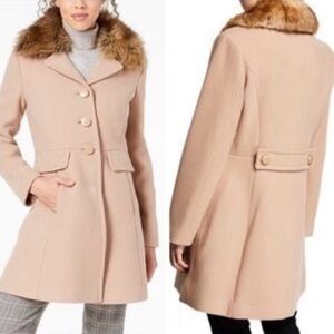 Kate Spade Cream Beige Tan Pea Coat with Faux Fur Collar Pink Satin Lining